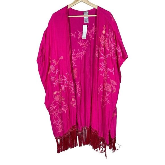 CHICOS Ruana Wrap Floral Embroidered Berry Pink Fringe Bohemian Vacation Beach - Picture 2 of 11